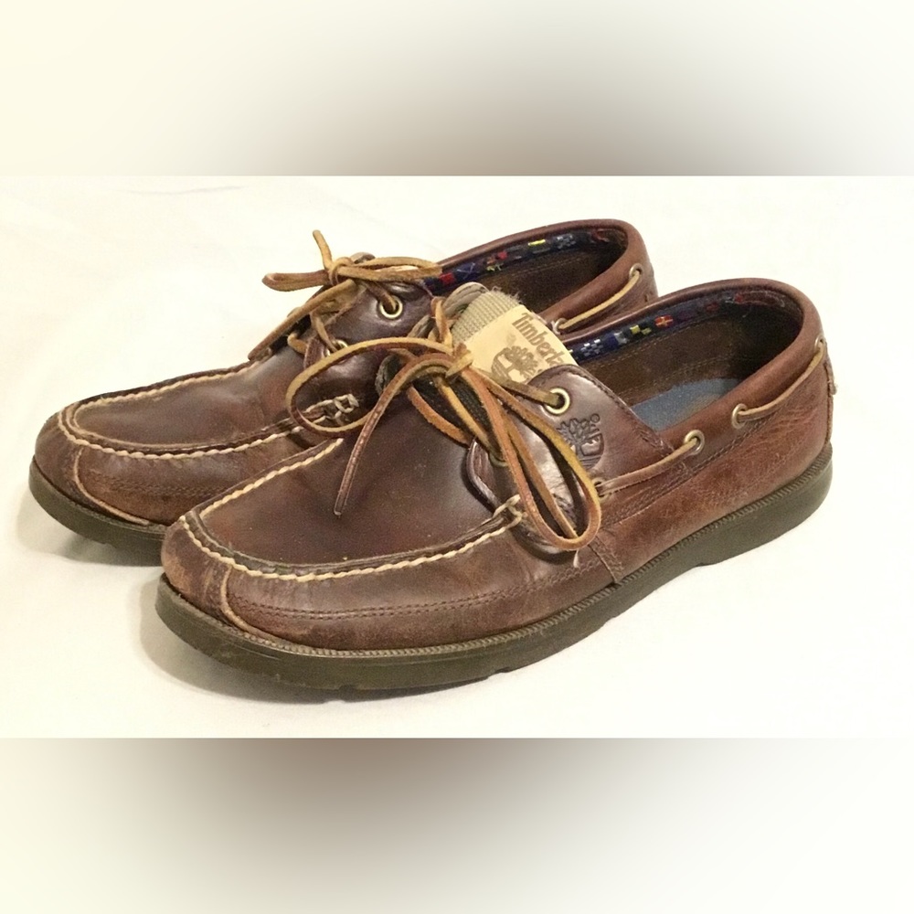 Timberland Men’s Sz 9 Leather Brown Slide On Moccasin Boat Shoes